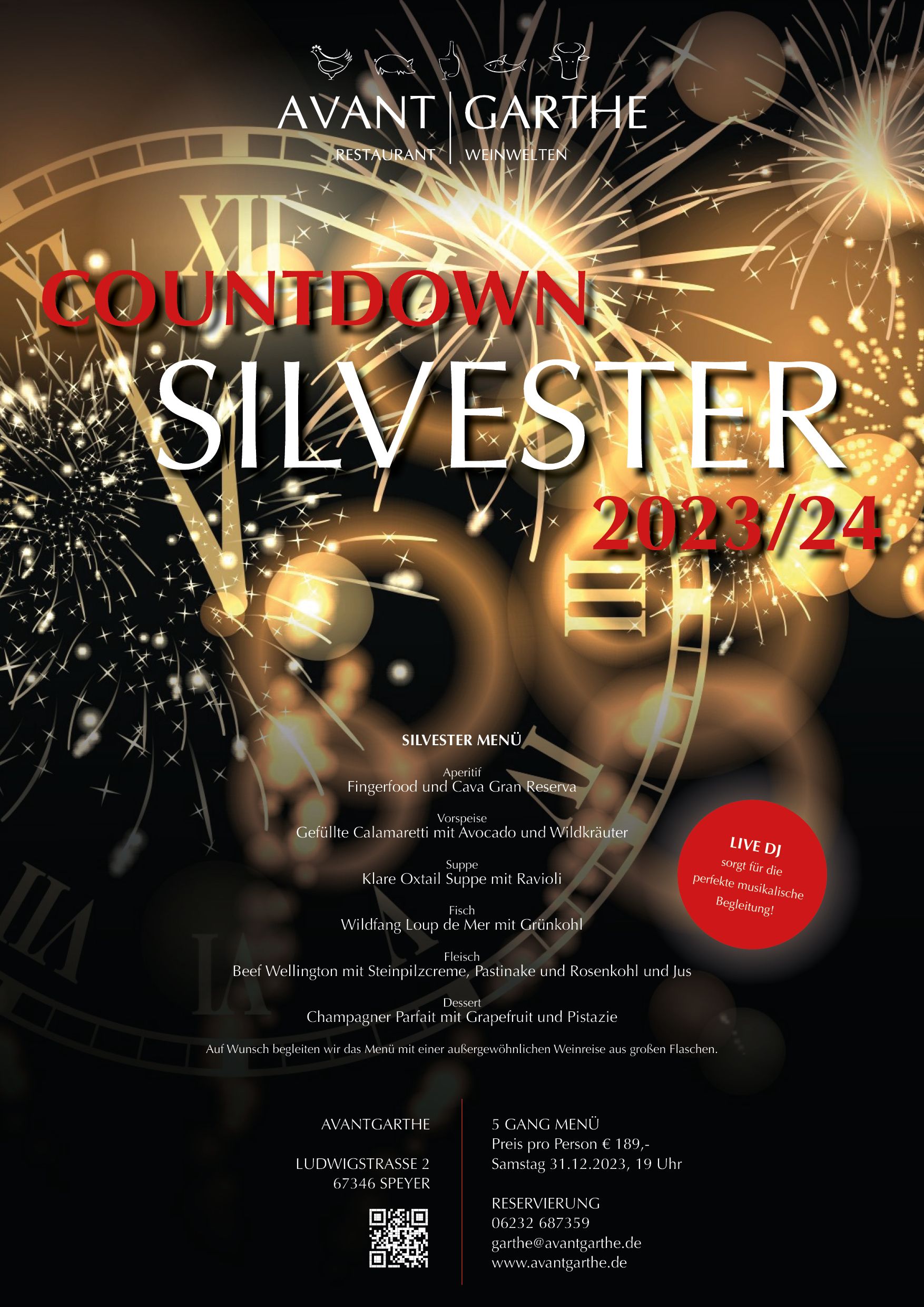 Silvester Menü und Party im AvantGarthe Speyer